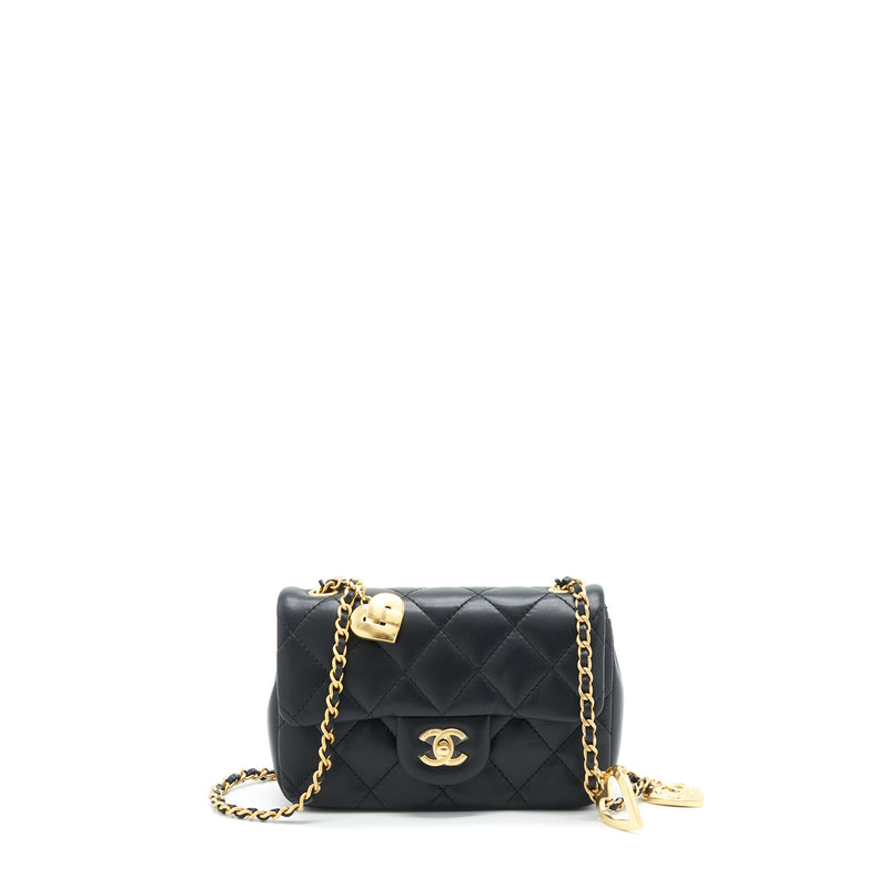 Chanel seasonal Mini Rectangular Flap Bag Heart Charm Chain Lambskin Black GHW (Microchip)