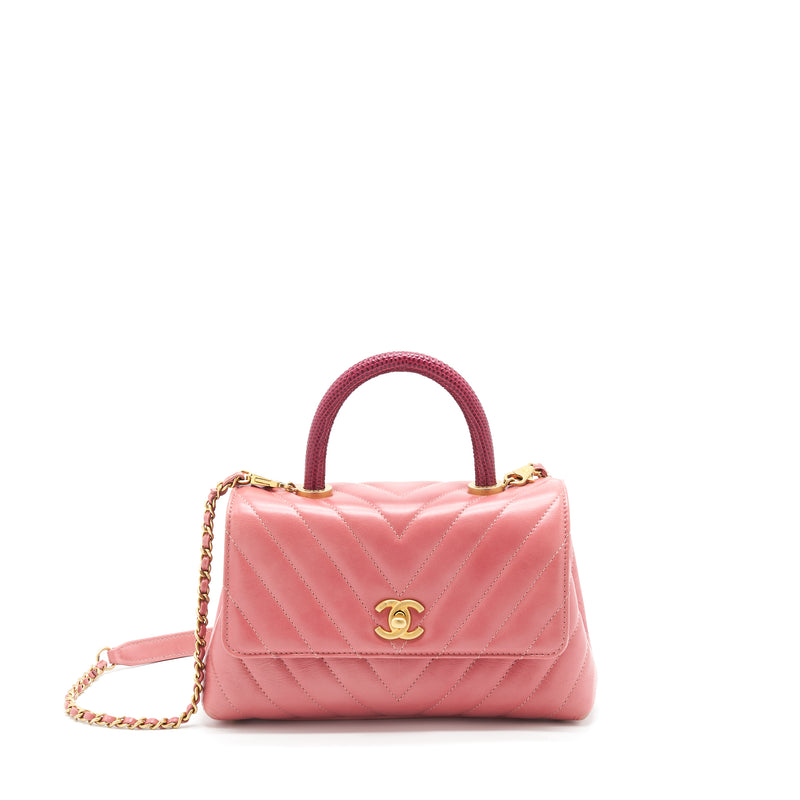 Chanel Small Coco Handle Chevron Calfskin With Lizard Handle Pink GHW