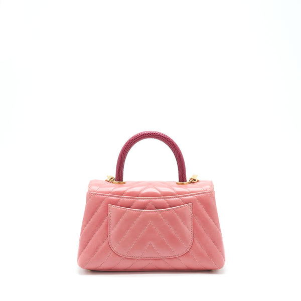 Chanel Small Coco Handle Chevron Calfskin With Lizard Handle Pink GHW