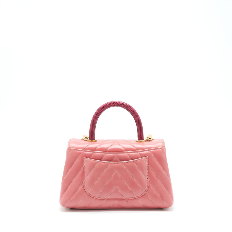 Chanel Small Coco Handle Chevron Calfskin With Lizard Handle Pink GHW