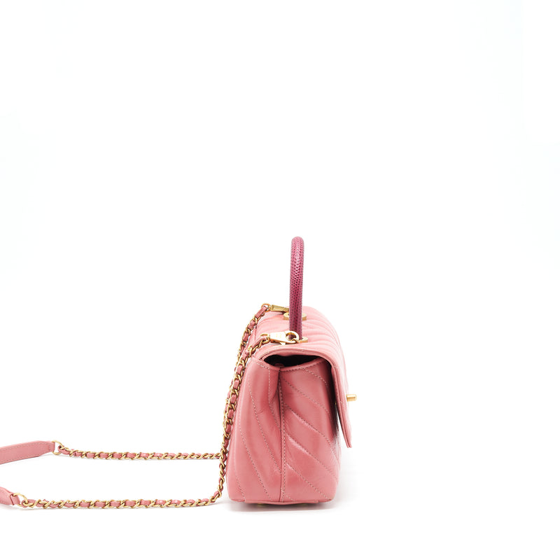 Chanel Small Coco Handle Chevron Calfskin With Lizard Handle Pink GHW