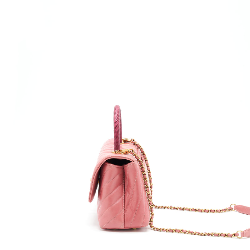 Chanel Small Coco Handle Chevron Calfskin With Lizard Handle Pink GHW