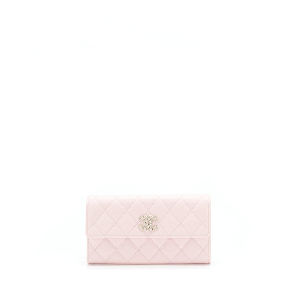 Chanel 22S detailed logo flap long wallet caviar light pink with LGHW