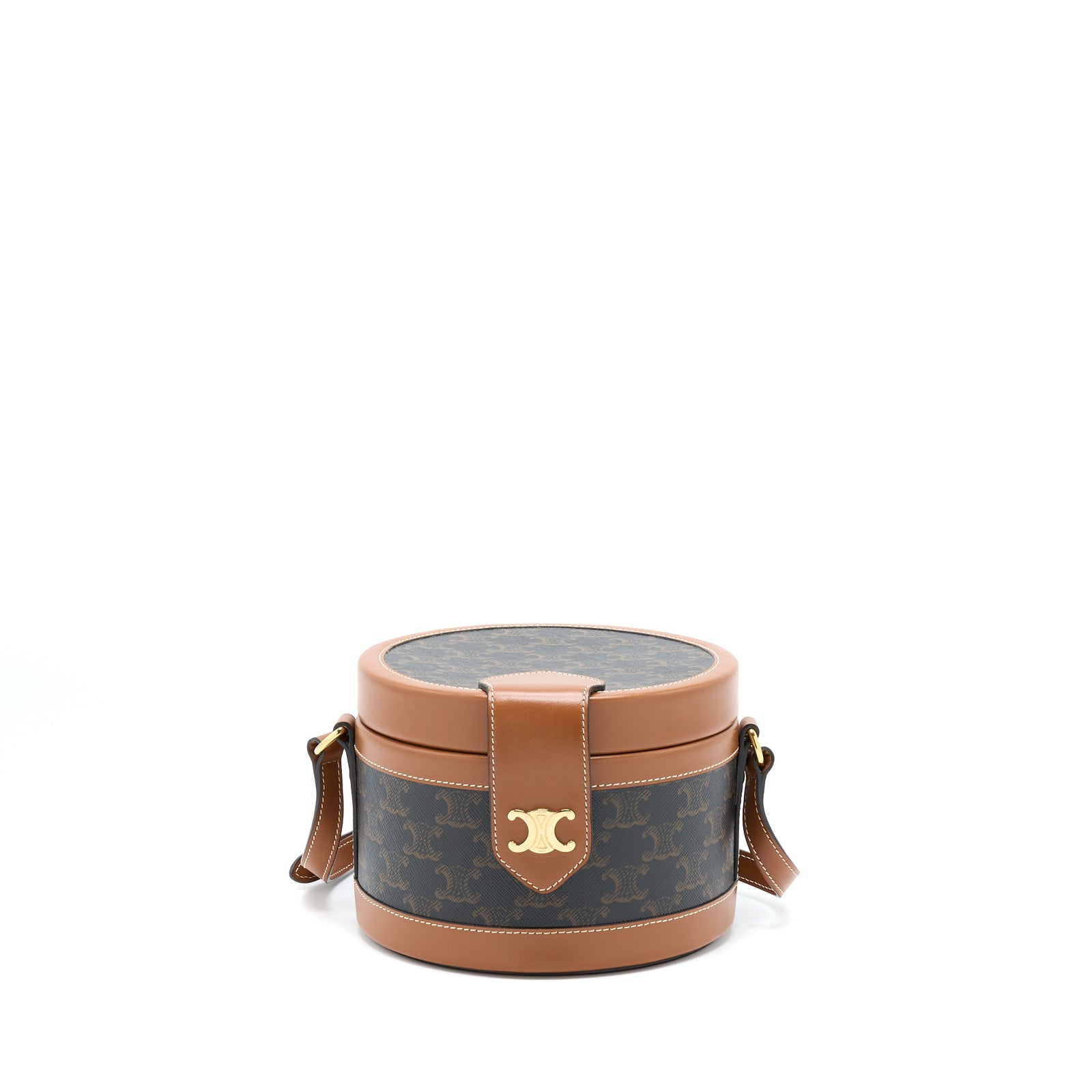 Celine Medium Tambour Bag Triomphe Canvas and Calfskin Tan GHW