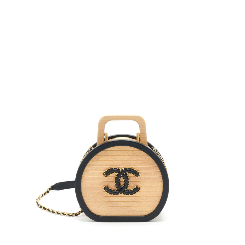 Chanel 22C small vanity case beech wood, calfskin beige / black with G