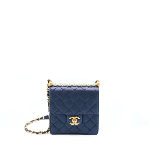 Chanel Vertical Pearl Flap Bag Lambskin Dark Blue GHW