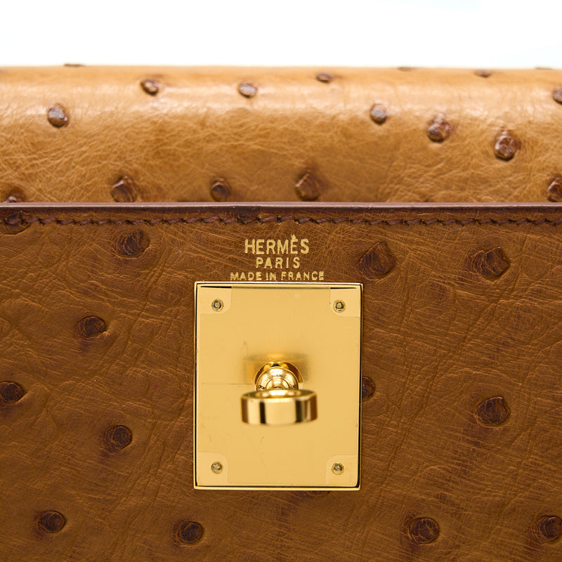 Hermes Kelly 28 Ostrich Toffee GHW Stamp Square E