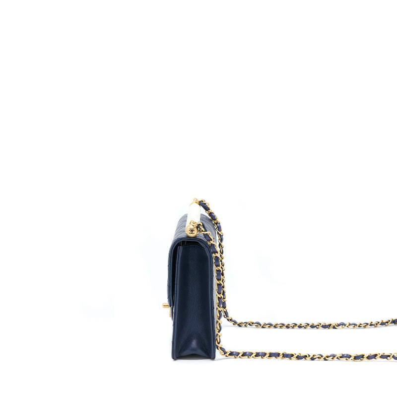 Chanel Vertical Pearl Flap Bag Lambskin Dark Blue GHW