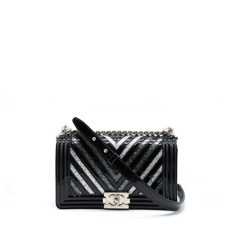 Chanel Medium Boy Bag Chevron Limited Patent Black SHW