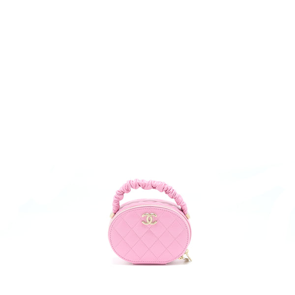 Chanel 22S Top Handle Mini Round Vanity Clutch Lambskin Pink LGHW