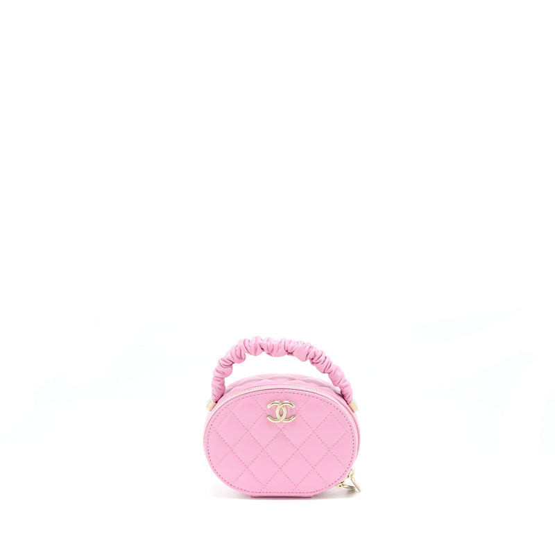 Chanel 22S Top Handle Mini Round Vanity Clutch Lambskin Pink LGHW