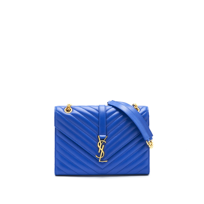 Saint Laurent / YSL Chevron Monogram Flap Bag Blue GHW