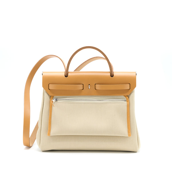 Hermes Herbag Zip 31 Leather/Canvas Beton/Naturel Sable SHW Stamp U