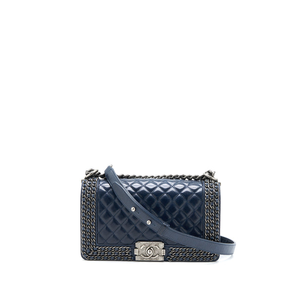 Chanel Medium Boy Bag Limited Edition with Chain Edge Aged Calfskin Navy Ruthenium Hardware