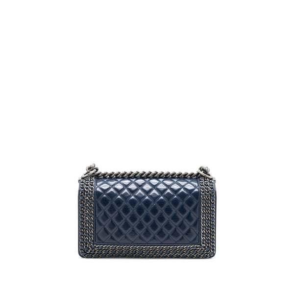 Chanel Medium Boy Bag Limited Edition with Chain Edge Aged Calfskin Navy Ruthenium Hardware