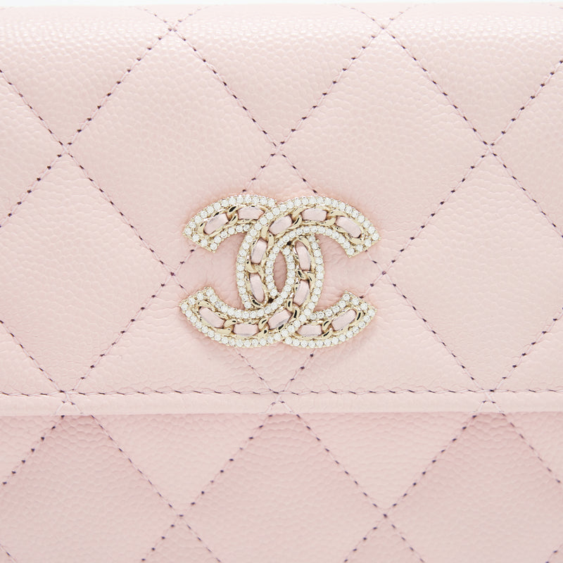 Chanel 22S detailed logo flap long wallet caviar light pink with LGHW