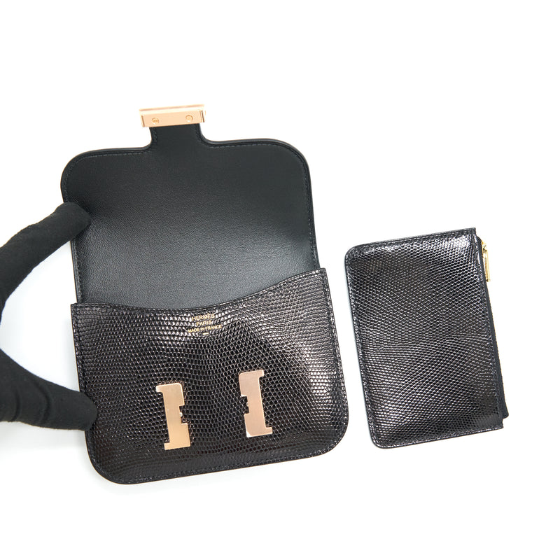 Hermes Constance Slim Wallet Belt Bag Black Lizard Rose Gold