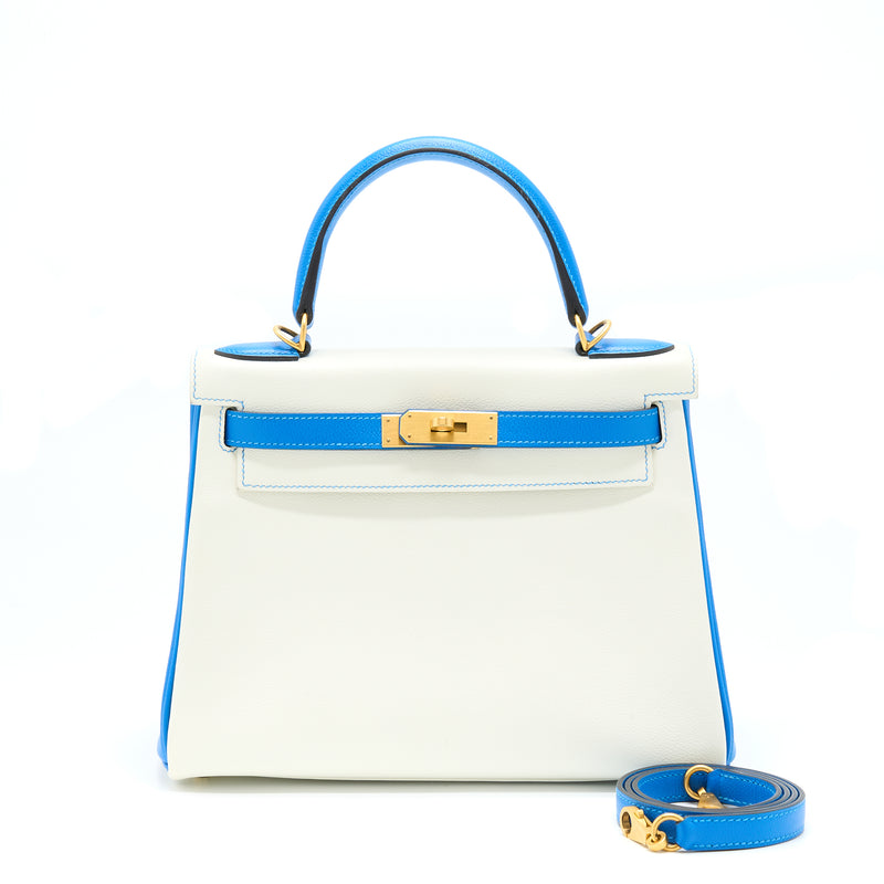 Hermes Kelly 28 Special Order Evercolor Blanc/Mykono Brushed Gold Hardware Stamp D