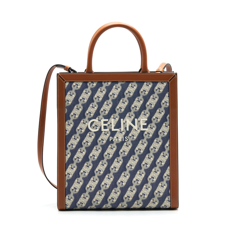 CELINE SMALL VERTICAL CABAS CELINE IN MAILLON TRIOMPHE JACQUARD AND CALFSKIN NAVY / TAN