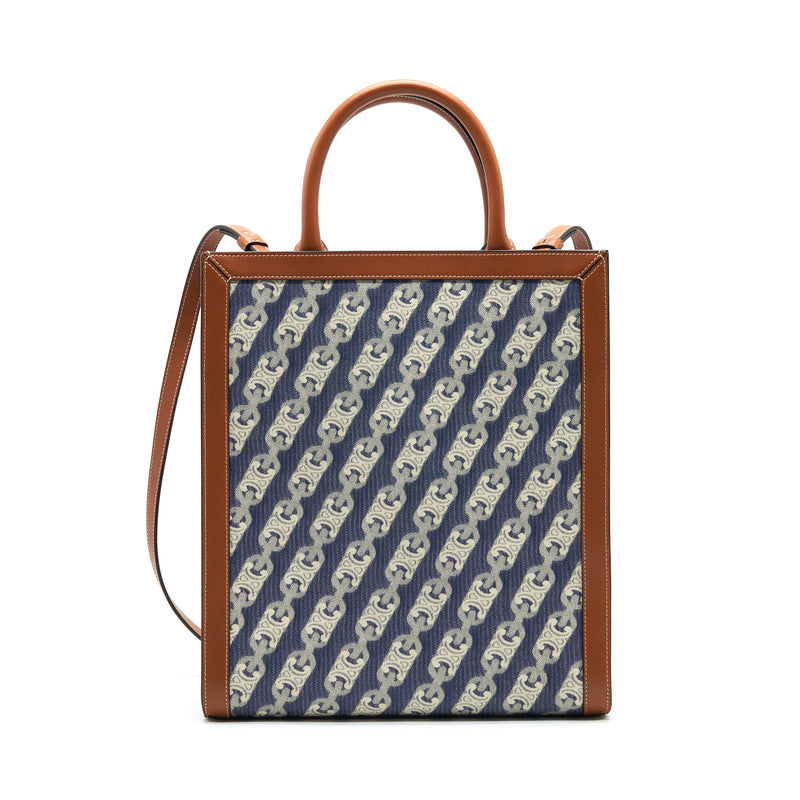 CELINE SMALL VERTICAL CABAS CELINE IN MAILLON TRIOMPHE JACQUARD AND CALFSKIN NAVY / TAN