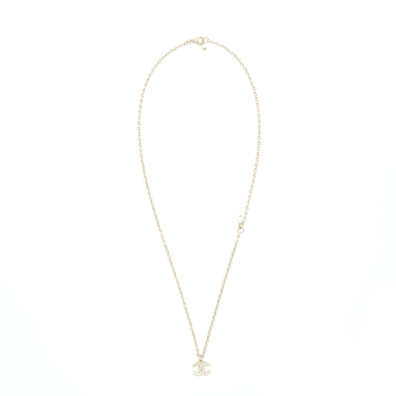 CHANEL Pearl Crystal CC Pendant Necklace Gold