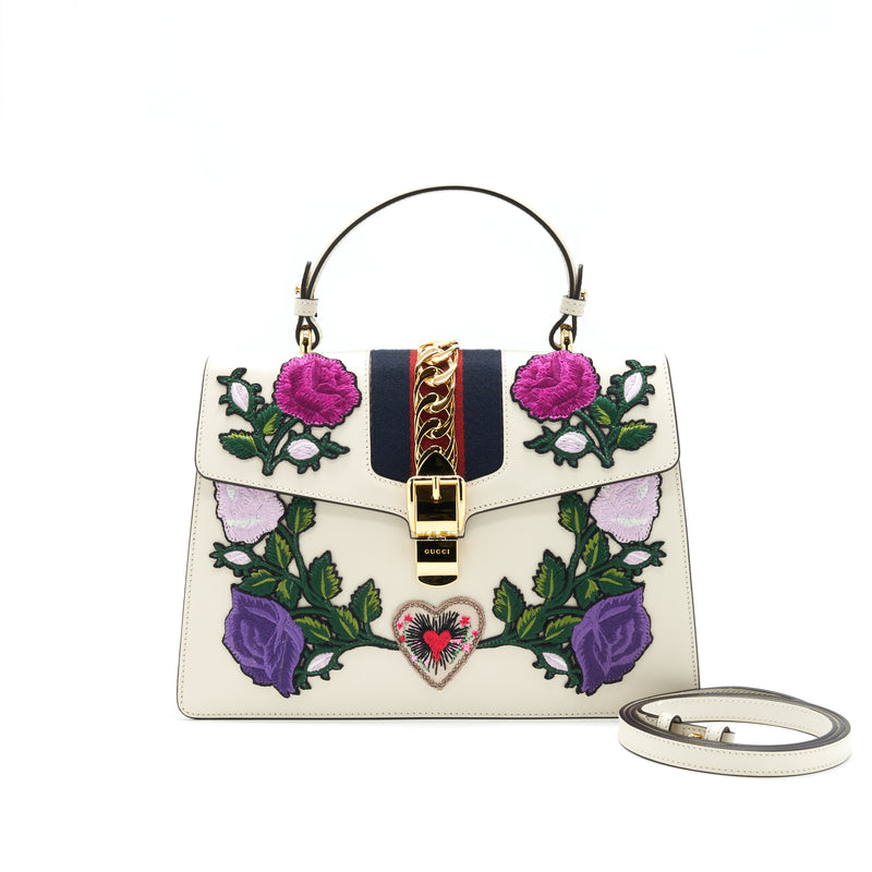 Gucci Sylvie Top Handle Embroidered Medium Tote Bag White