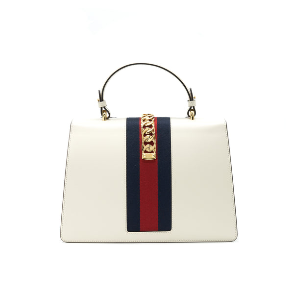 Gucci Sylvie Top Handle Embroidered Medium Tote Bag White