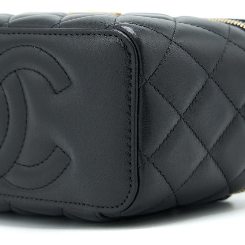 Chanel 22k Leather Chain Top Handle Long Vanity Case Lambskin Black Brushed GHW