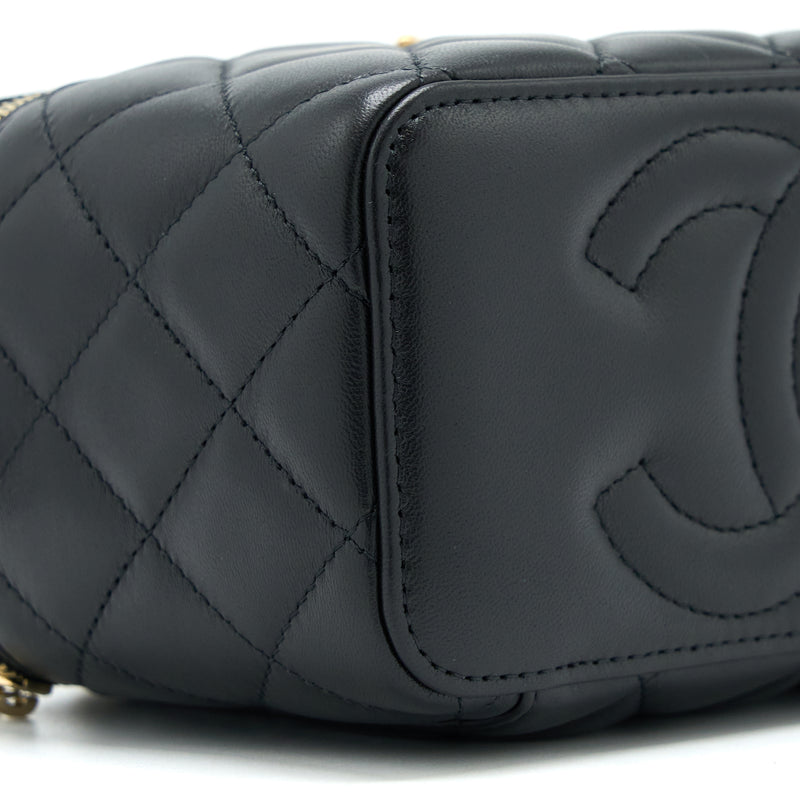 Chanel 22k Leather Chain Top Handle Long Vanity Case Lambskin Black Brushed GHW