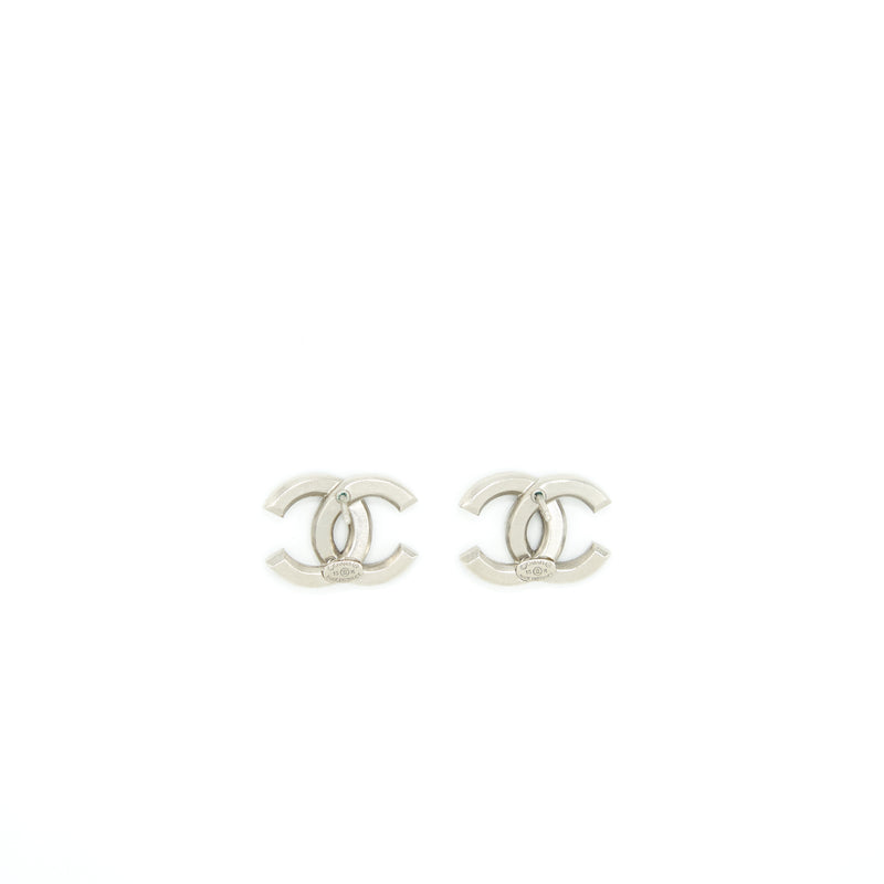 Chanel CC logo crystal earrings silver and black tone