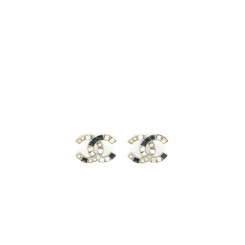 Chanel CC logo crystal earrings silver and black tone