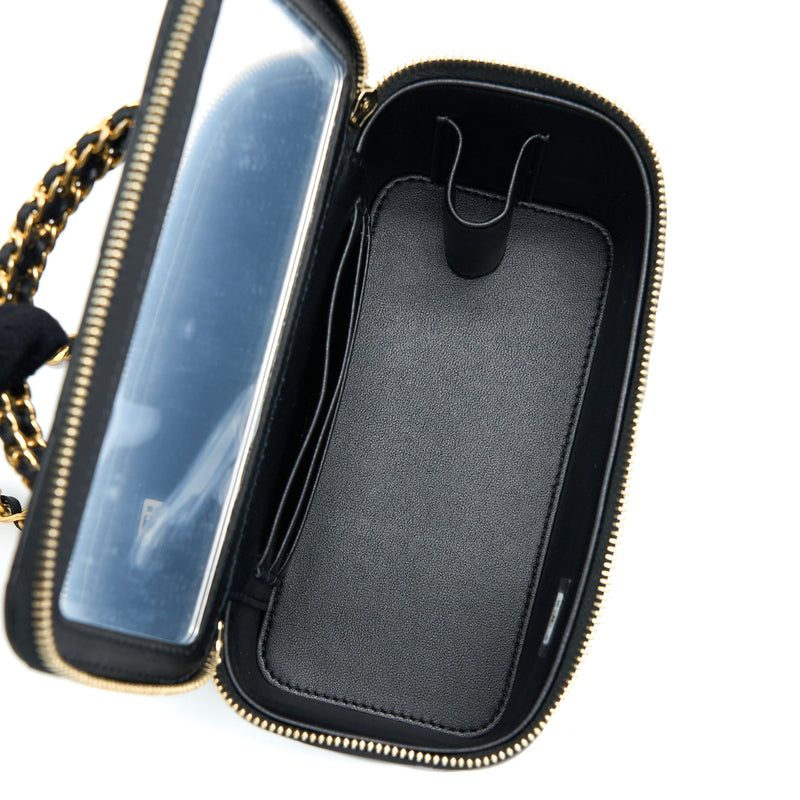 Chanel 22k Leather Chain Top Handle Long Vanity Case Lambskin Black Brushed GHW