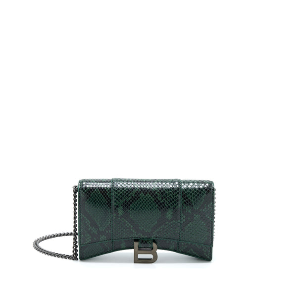Balenciaga Hourglass Wallet With Chain Python Embossed Calfskin Black/ Dark Green