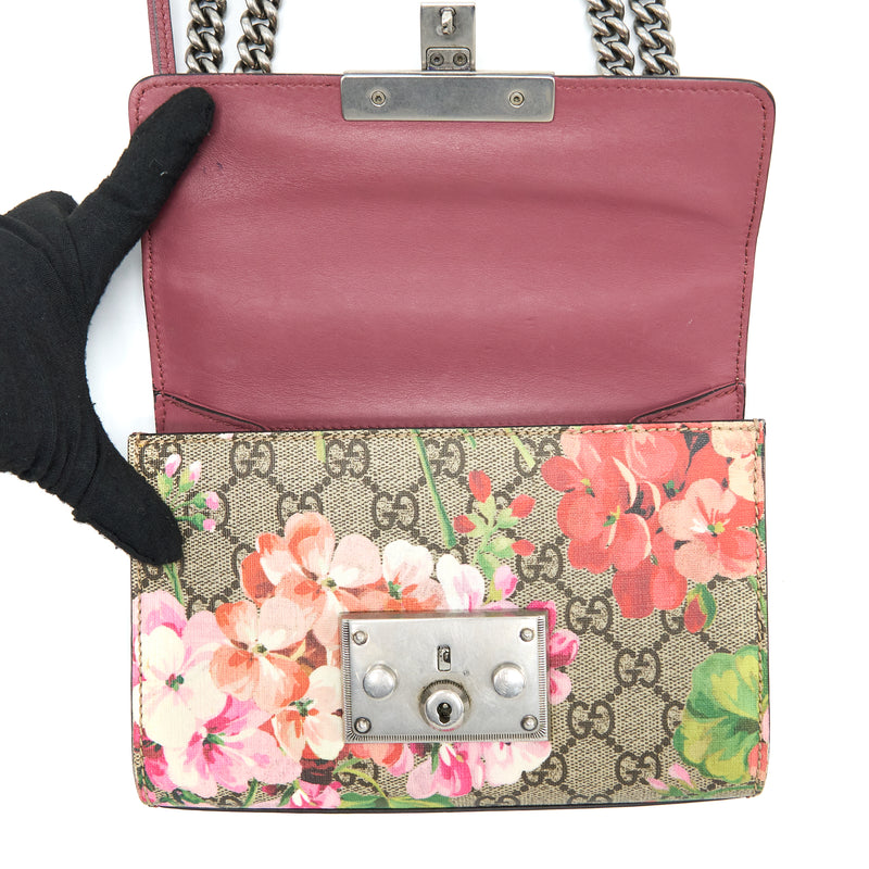 GUCCI Small GG Supreme Padlock Blooms floral monogram silver chain