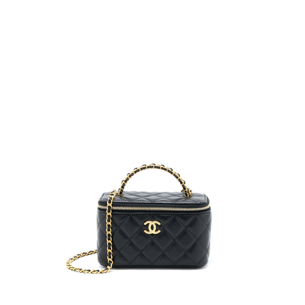 Chanel 22k Leather Chain Top Handle Long Vanity Case Lambskin Black Brushed GHW