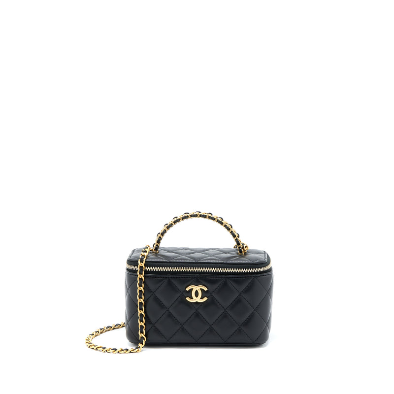 Chanel 22k Leather Chain Top Handle Long Vanity Case Lambskin Black Brushed GHW