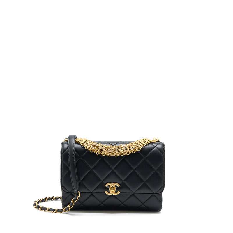 Chanel Crystal Logo Letters Chain Handle Flap Bag Quilted Lambskin