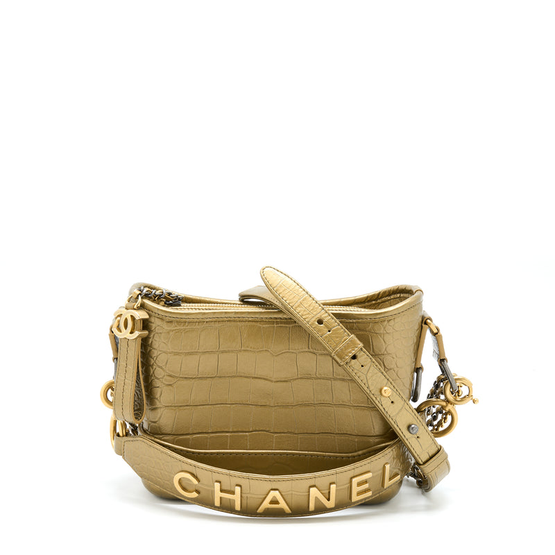 Chanel Gabrielle Hobo Bag Crocodile Embossed Calfskin Gold/Silver-tone Black  in Calfskin with Gold/Silver-tone - US