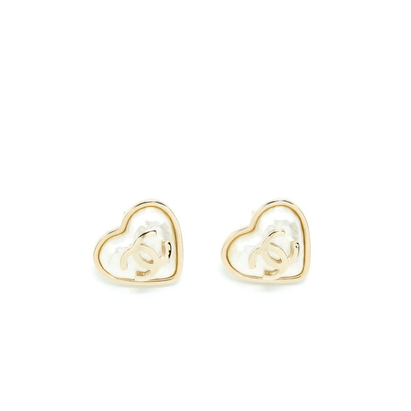 Chanel Heart CC Earrings Light Gold Tone