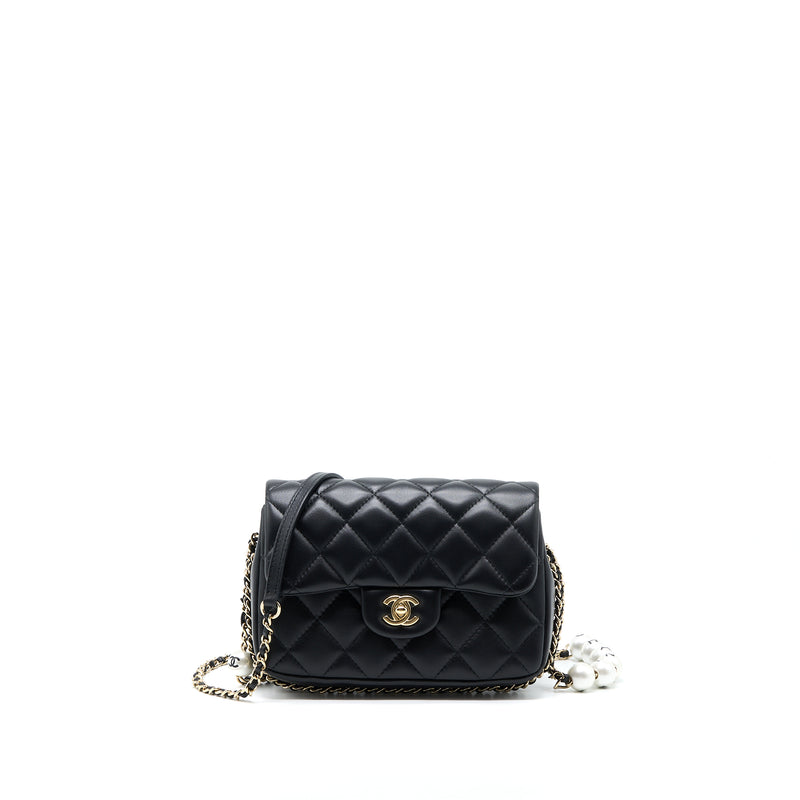 Chanel Small Pearl Logo Strap Flap Bag Lambskin Black LGHW