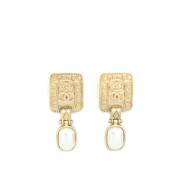 Chanel Gold Plate Pearl Drop Earrings Brushed Light Gold Tone