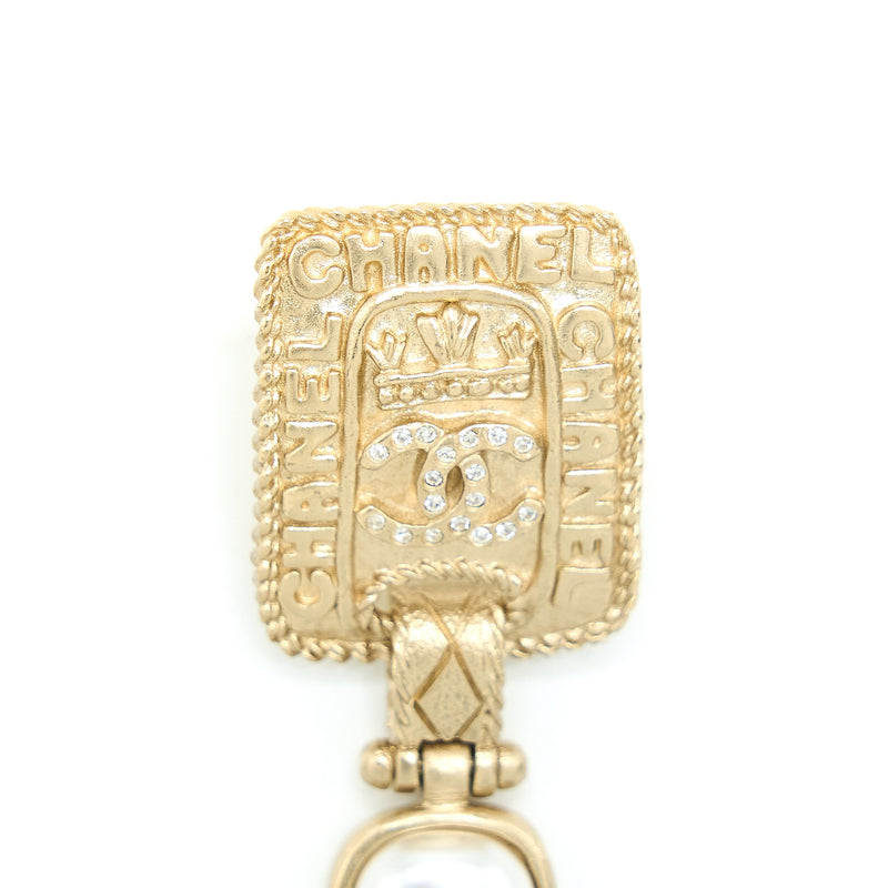 Chanel Gold Plate Pearl Drop Earrings Brushed Light Gold Tone