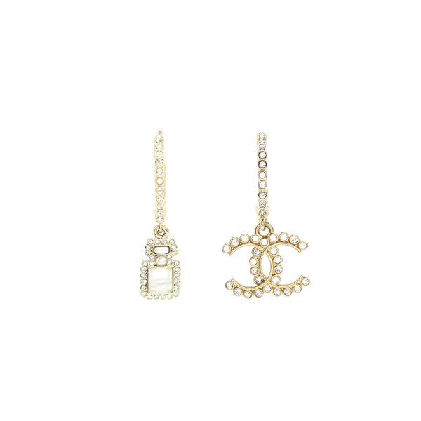 Chanel 21K Pearl CC And Perfume Bottle Charm Drop Earrings