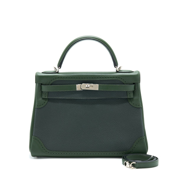 Hermes Kelly 32 Ghillies Clemence Vert Fonce/Vert Anglais SHW Stamp T