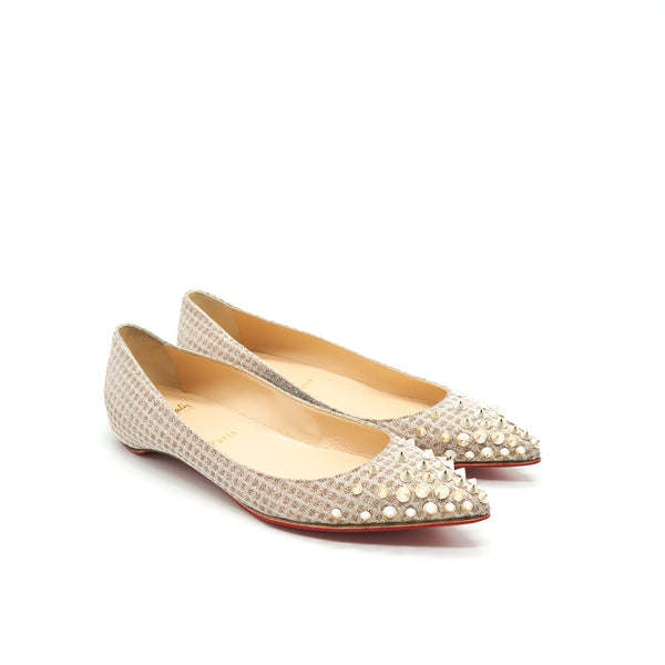 CHRISTIAN LOUBOUTIN SIZE 37 SPIKYSHELL FLAT NUDE/ WHITE GOLD