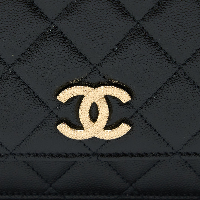 Chanel 22B Detail CC Logo Wallet On Chain Caviar Black LGHW (Microchip)