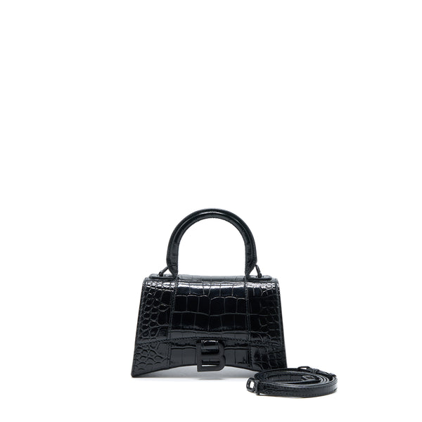 Balenciaga Hourglass XS Croc-Embossed Calfskin So Black