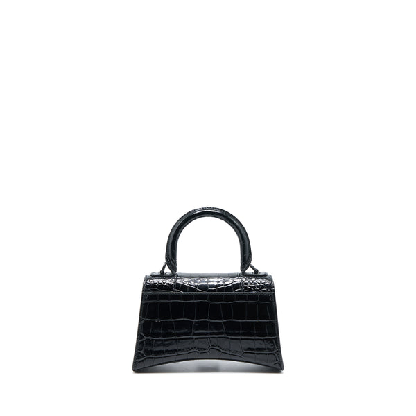 Balenciaga Hourglass XS Croc-Embossed Calfskin So Black