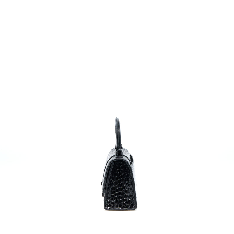 Balenciaga Hourglass XS Croc-Embossed Calfskin So Black