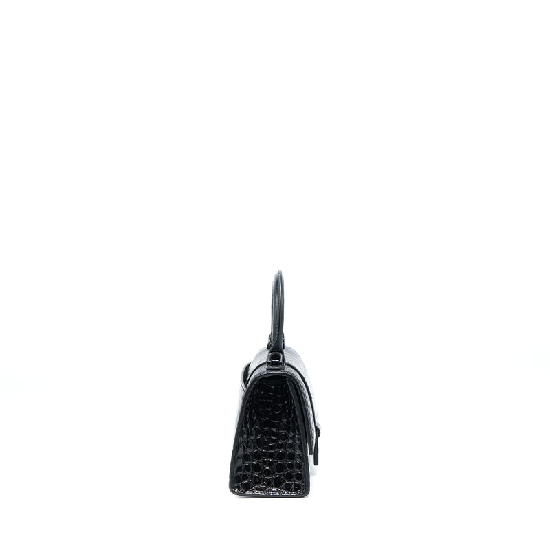 Balenciaga Hourglass XS Croc-Embossed Calfskin So Black